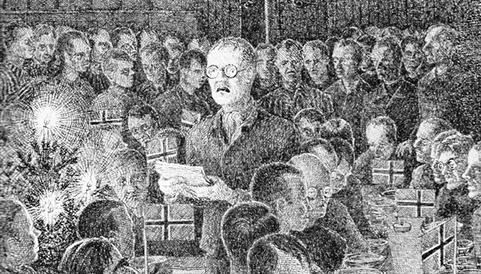 Bøyanttegning av en mann i fangedrakt som leser fra et papir. Han er omringet av mange andre fanger og noen norske flagg.