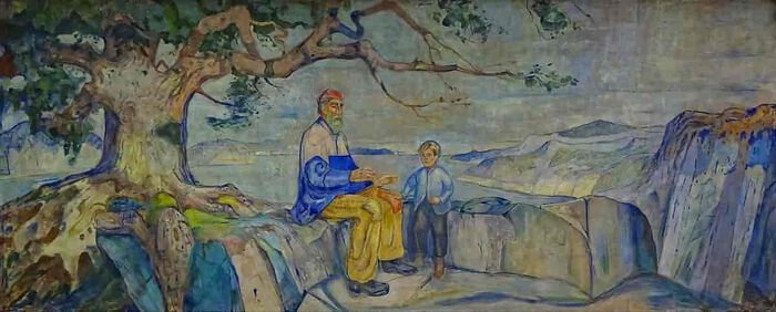 Maleri med en eldre mann og en gutt under et tre med havet i bakgrunnen