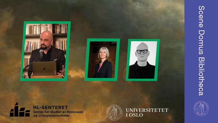 Plakat med bilde av to menn og en kvinne, logoene til HL-senteret, UiO og Scene Domus Bibliotheca
