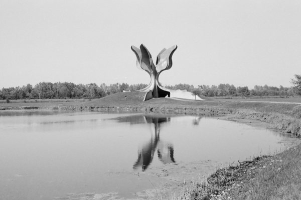 Bildet viser en statue med gjenspeiling i vann
