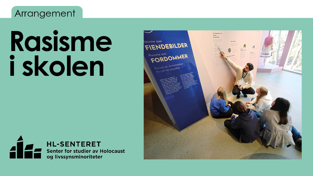 Elever på gulvet foran vegg med tekst om rasisme, sammen med formidler ved HL-senteret.