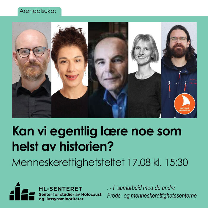 Portrett av paneldeltakerne sammen med tittelen på arrangementet og HL-senterets logo.