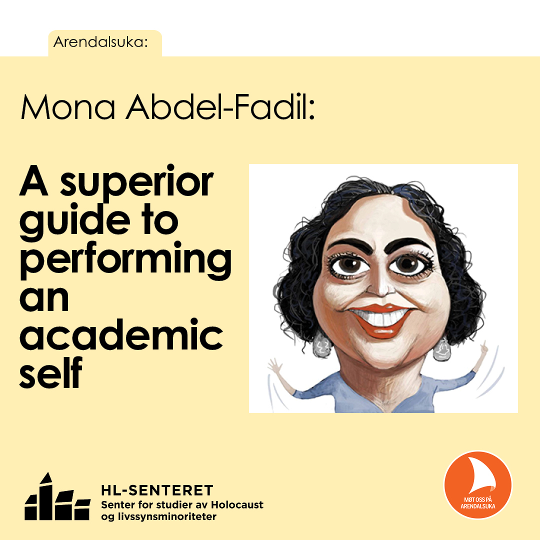 Karikaturtegning av Mona Adel-Fadil, tittelen på arrangementet, HL-Senterets logo