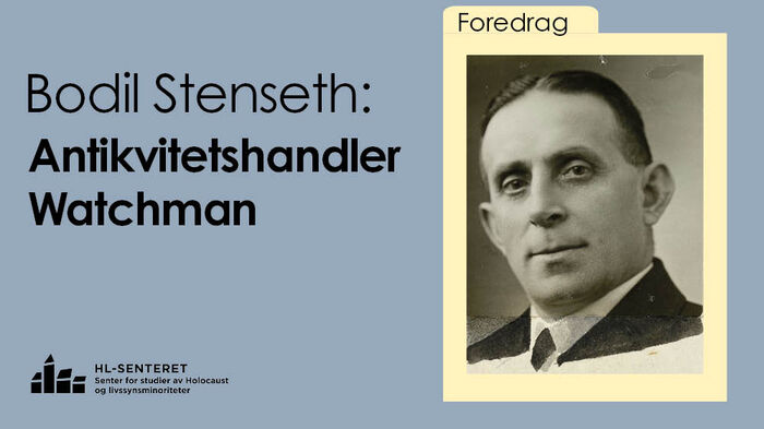 Bildet viser et foto av Philip Watchman og teksten "Bodil Stenseth: Antikvitetshandler Watchman"