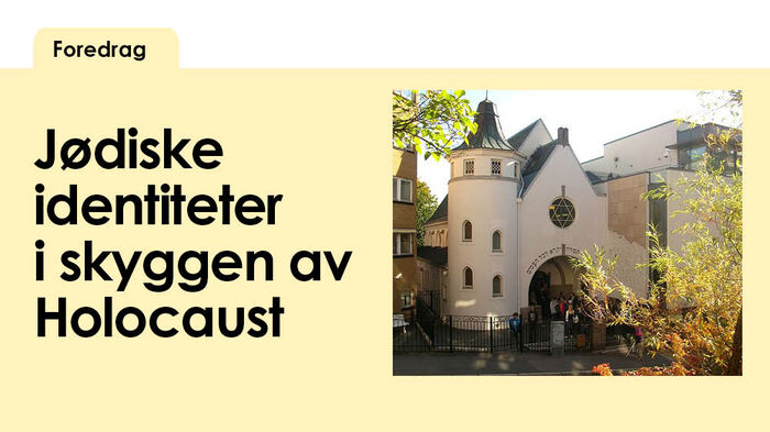 Illustrasjonen viser en synagoge og trær med høstfarger, samt tittelen på arrangementet "Jødiske identiteter i skyggen av Holocaust"