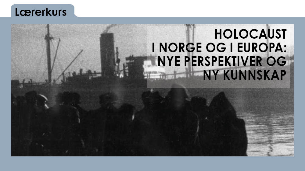 Svart-hvitt bildet viser en stor bot og siluetter av mennesker i forgrunnen, samt teksten "Holocaust i Norge og i Europa: Nye perspektiver og ny kunnskap"