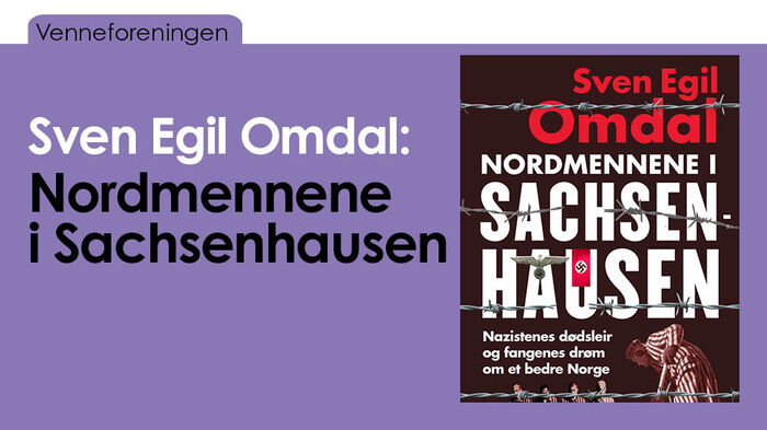 Teksten "Sven Egil Omdal: Nordmennene i Sachsenhausen" og foto av forsiden på boka, på lilla bakgrunn