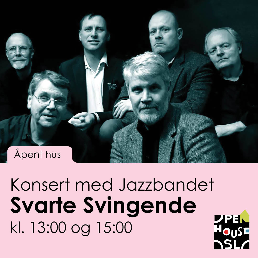 Bilde av seks middelaldrende menn og teksten "Konsert med Svarte Svingende, kl. 13:00 og 15:00" på rosa bakgrunn