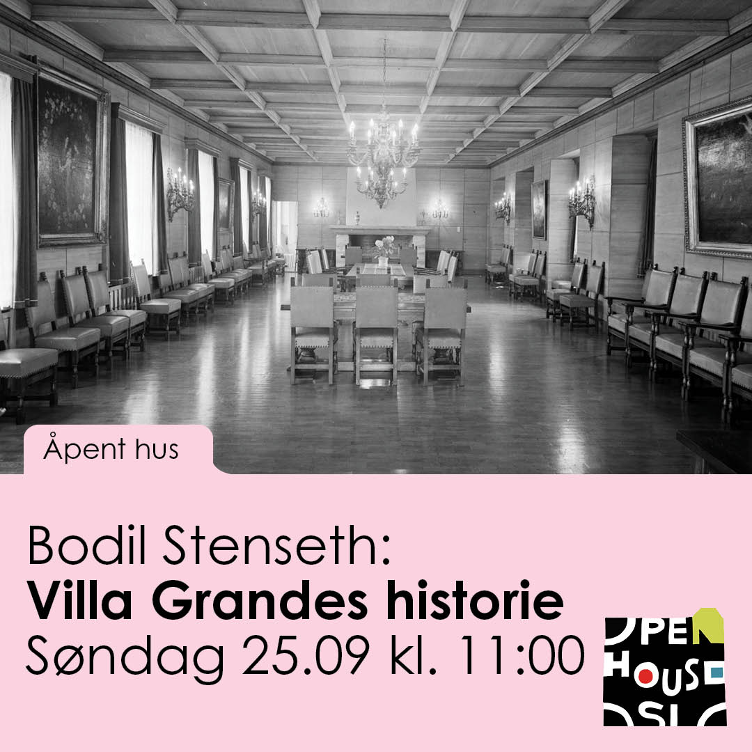 Foto av festsal, teksten "Bodil Stenseth: Historien om Villa Grande"