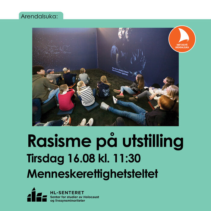 Elever ser film i et mørkt rom, tittel på arrangementet, HL-senterets logo