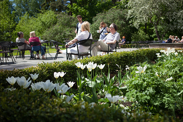 Bildet viser personer som sitter i hagen til Vill Grande.