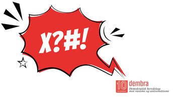 Snakkeboble med tegnene X?#! på rød bakgrunn, logoen til Dembra