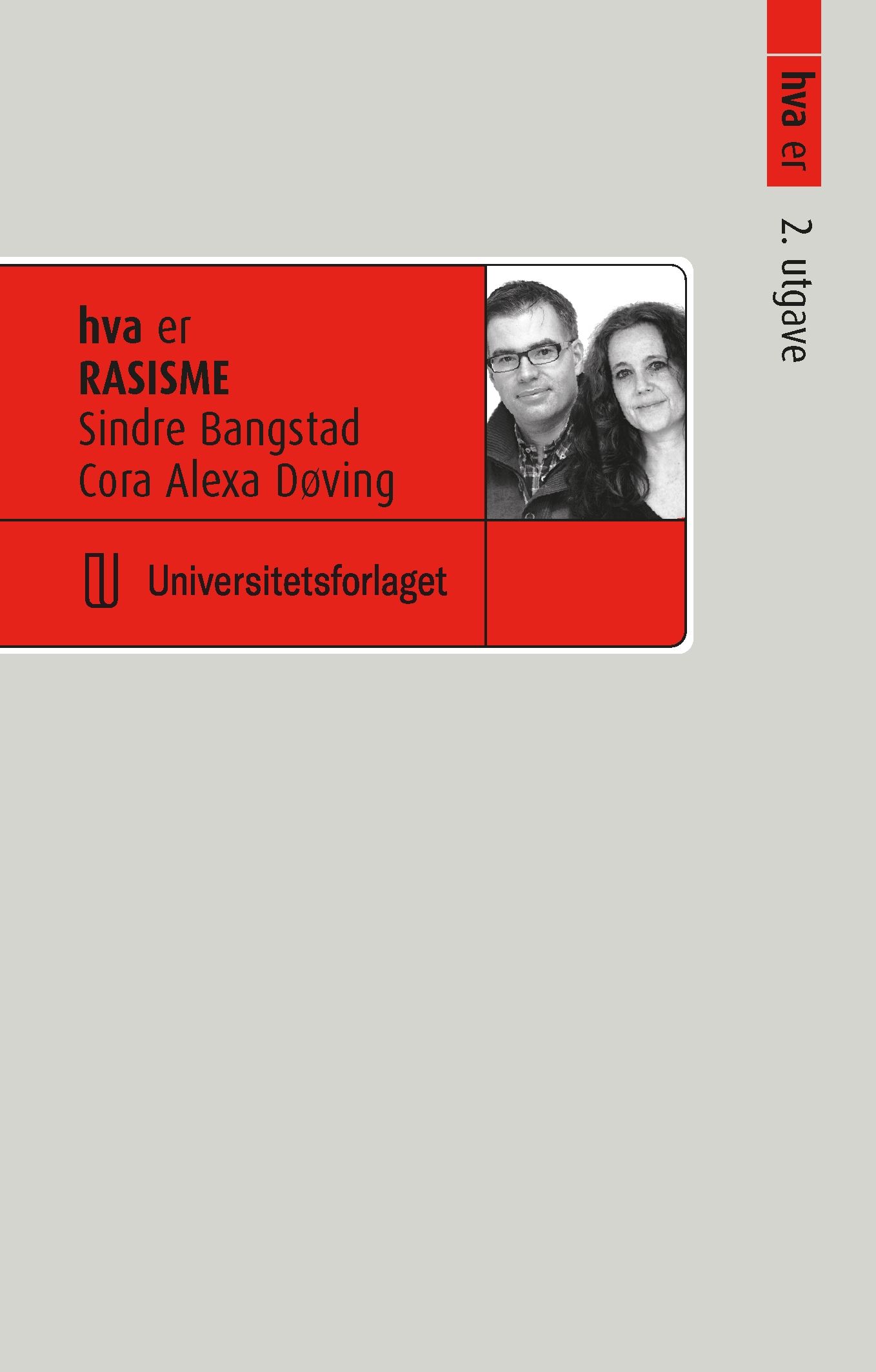 Bokens forside.  Viser portretter av forfatterne og teksten "Hva er rasisme? Sindre Bangstad og Cora Alexa Døving. Universitetsforlaget"