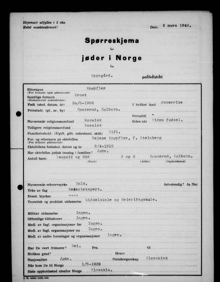 Spørreskjema med kolonner for navn, fødested, adresse, familieforhold, og spørsmål om jødisk innslag i familien