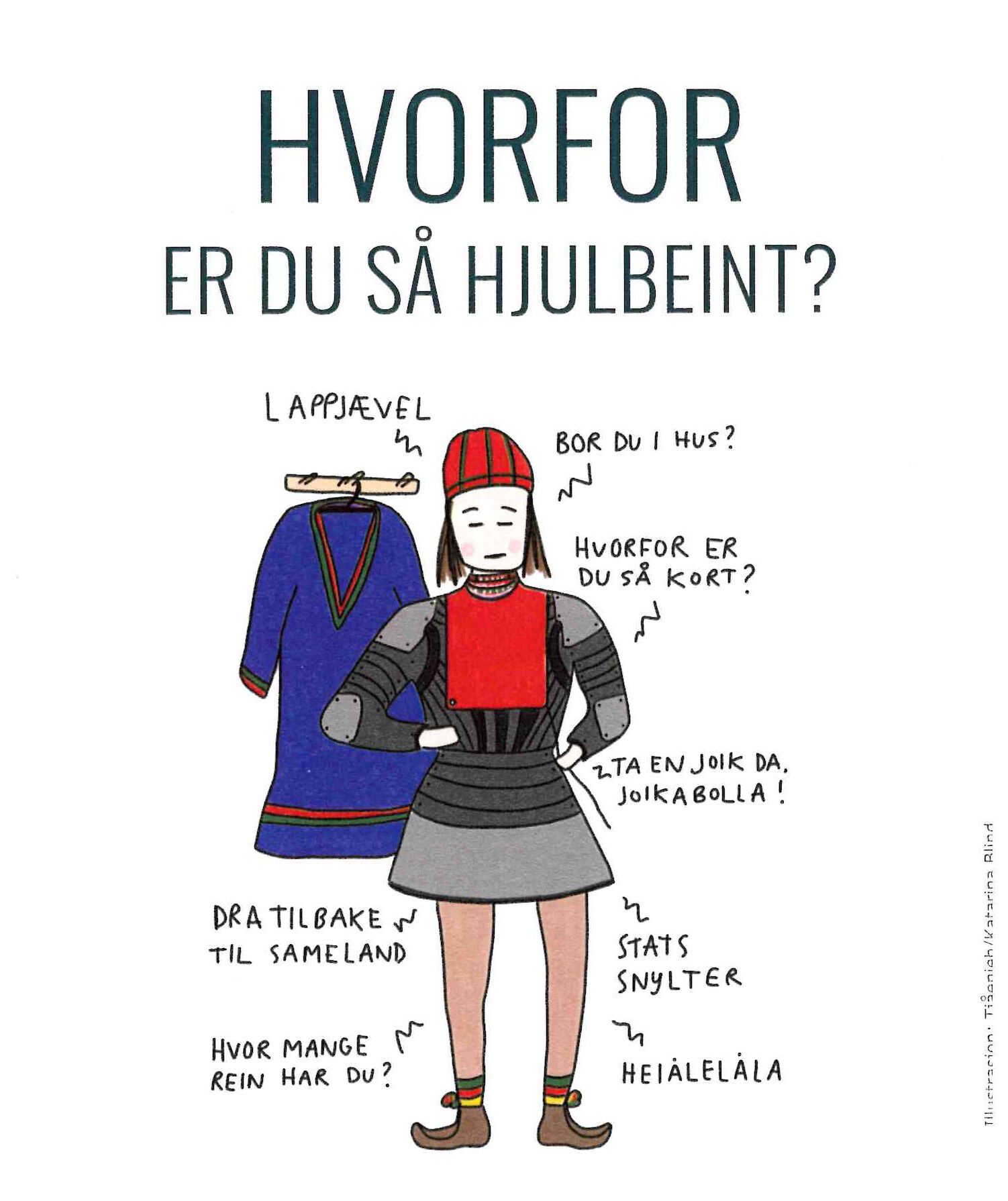 Teksten "Hvorfor er du så hjulbeint?" og tegning av en person med samiske klær, samt skjellsord rettet mot samer.