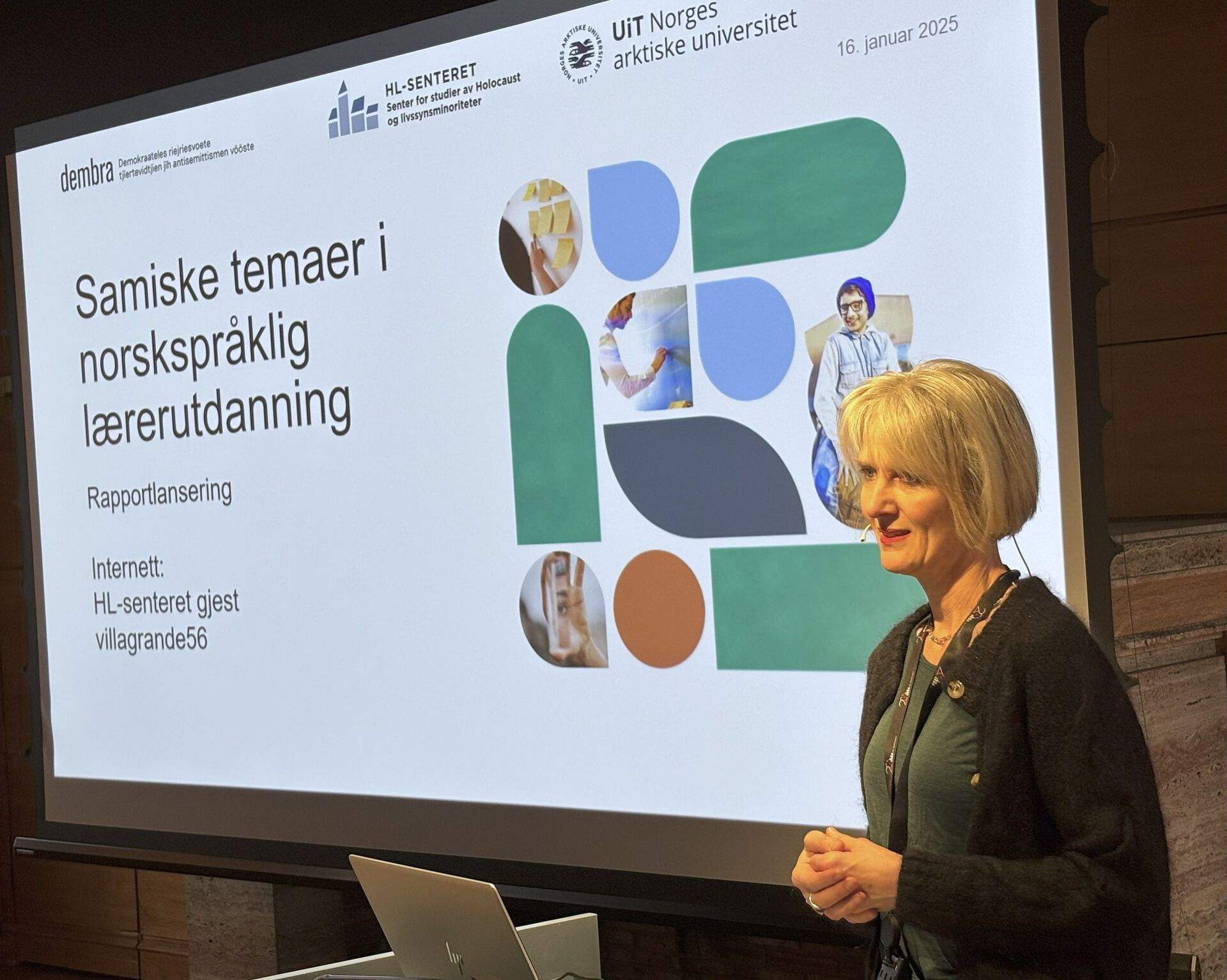 Kvinne foran skjerm med teksten "Samiske temaer i norskspråklig lærerutdanning"