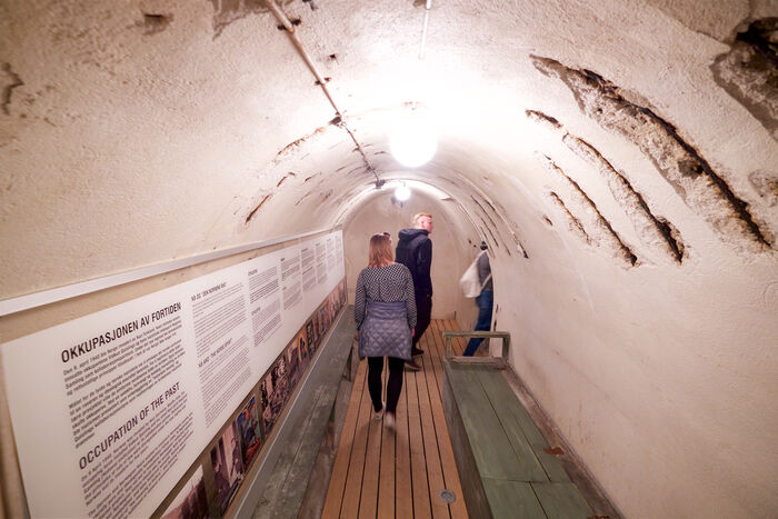 Long room with curved ceiling, information sign on the right, neon lighting and two people seen from behind